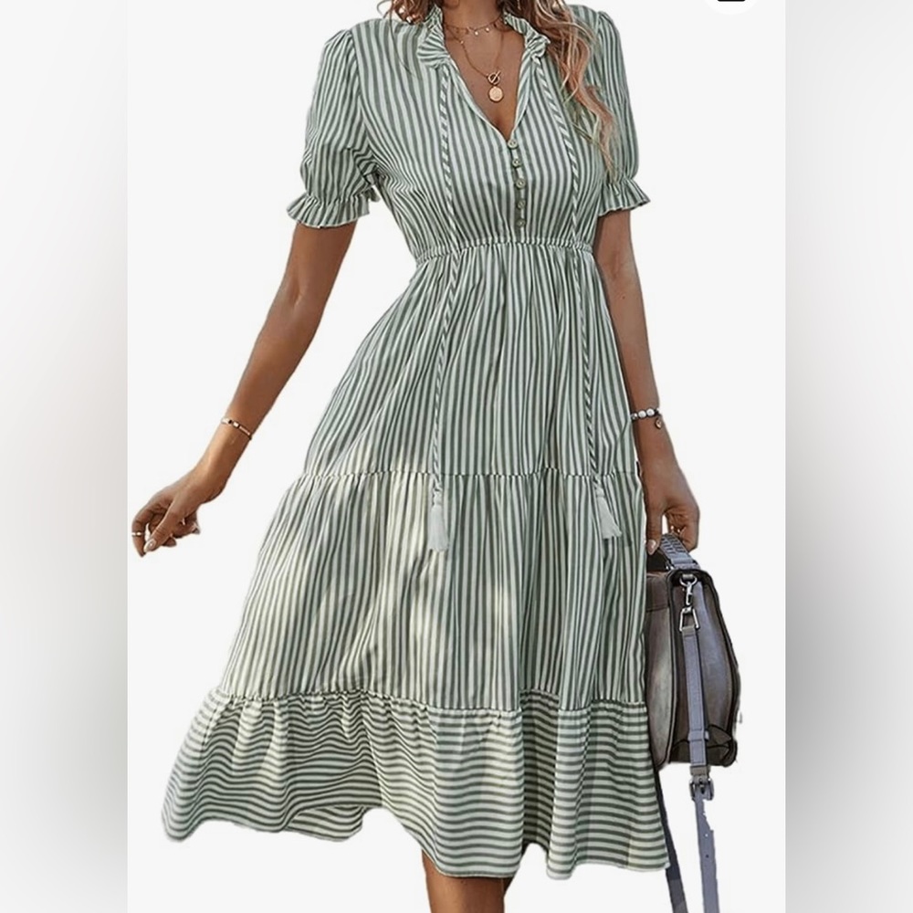 YOXUA Women's Shirt Dresses Sleeveless V Neck Midi Dress Striped Pleated Ruffle
